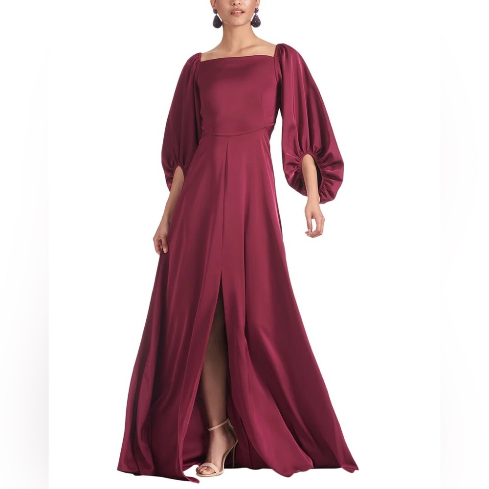 Sachin + Babi Red Bryan Slit Gown in Garnet (Wine color) with Bishop Sleeves